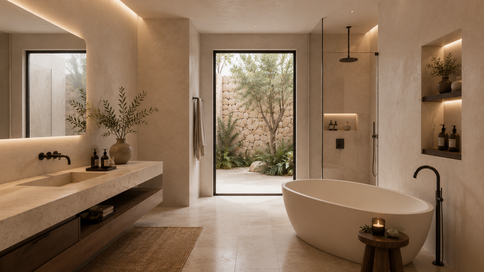 Baño de obra con piedra natural y patio mediterráneo